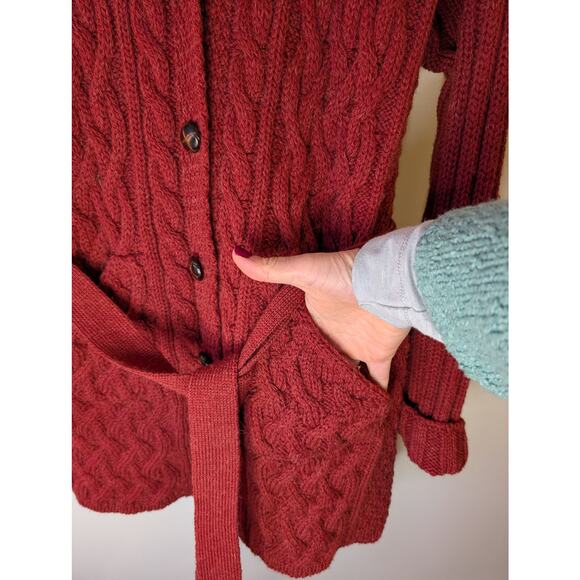 Aran Crafts Ireland Burgundy Cable Knit Belted Cardigan Made in Ireland XS - Picture 5 of 6
